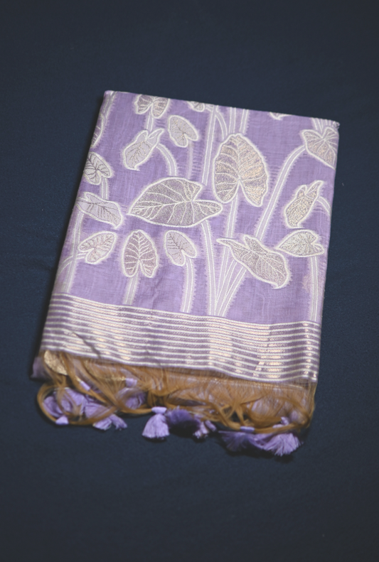 Chanderi Silk Leaf Motif Saree with Zari Border & Tassel Pallu – 3 Colors