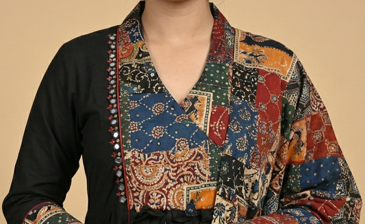 Boho-Black Edit Cotton Patchwork Kurta Dupatta Set