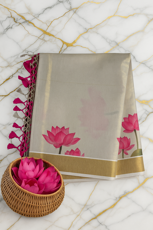 Eleganter beiger Leinensari mit rosa Lotusmotiven, goldenem Rand und verstellbarer Konfektionsbluse