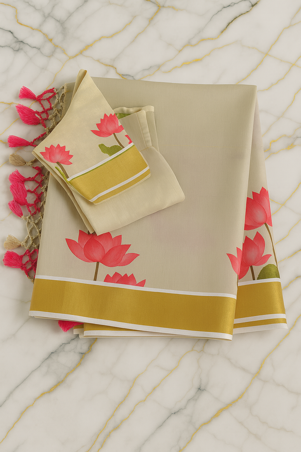 Eleganter beiger Leinensari mit rosa Lotusmotiven, goldenem Rand und verstellbarer Konfektionsbluse