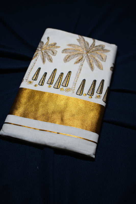 Cotton Saree with Coconut Palm & Onathappan Thread Work