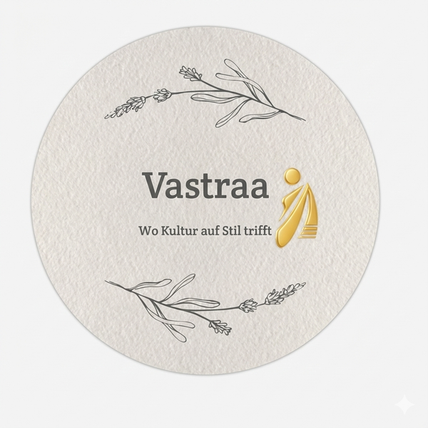 Round white card with Vastraá logo and text on a white background
