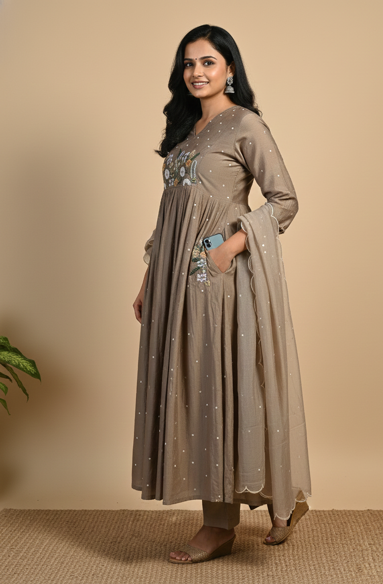 Mul Chanderi Embroidered A-Line Kurta Set – Taupe Brown