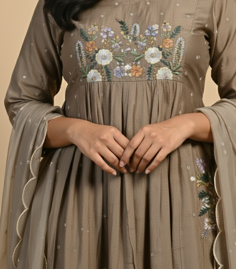 Mul Chanderi Embroidered A-Line Kurta Set – Taupe Brown
