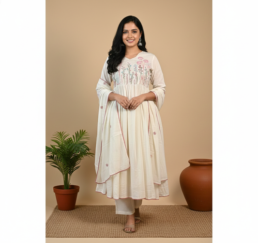 Mul Cotton A-line kurta set - White
