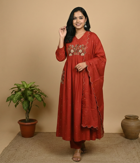 Mul Chanderi Embroidered A-Line Kurta Set - Red
