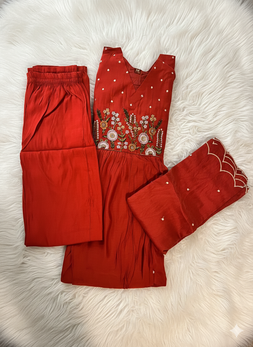Mul Chanderi Embroidered A-Line Kurta Set - Red