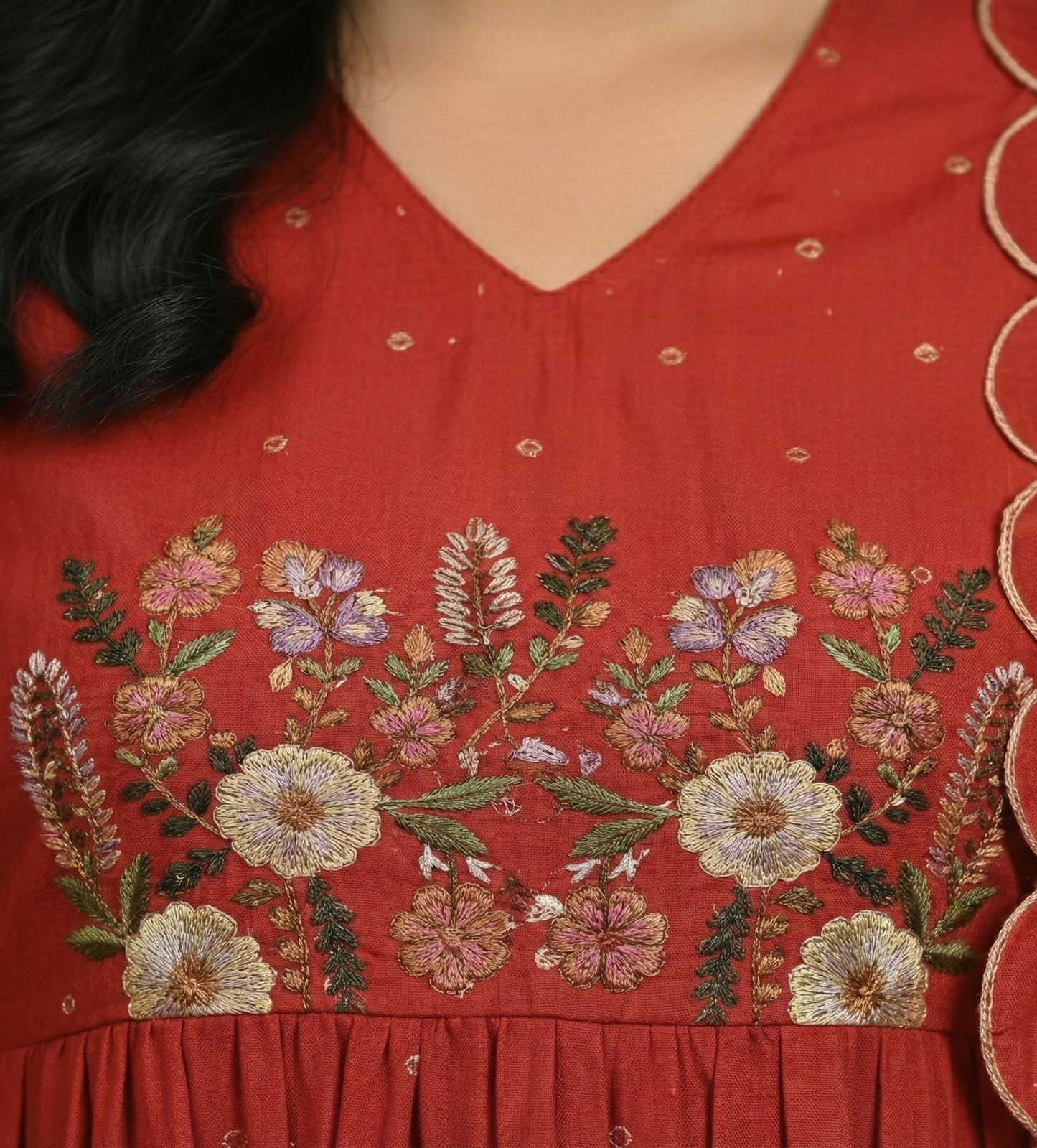 Mul Chanderi Embroidered A-Line Kurta Set - Red