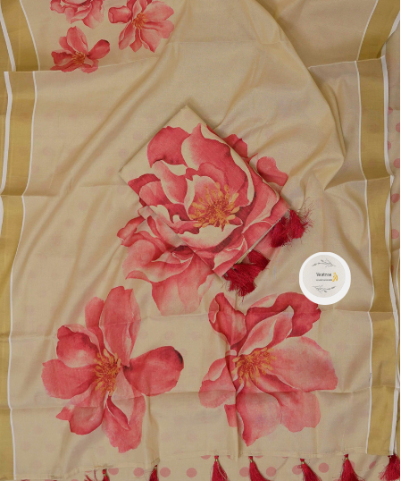 Tissue Saree with Coral Floral Print & Tassel Pallu