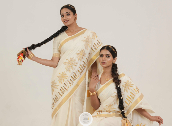 Cotton Saree with Coconut Palm & Onathappan Thread Work