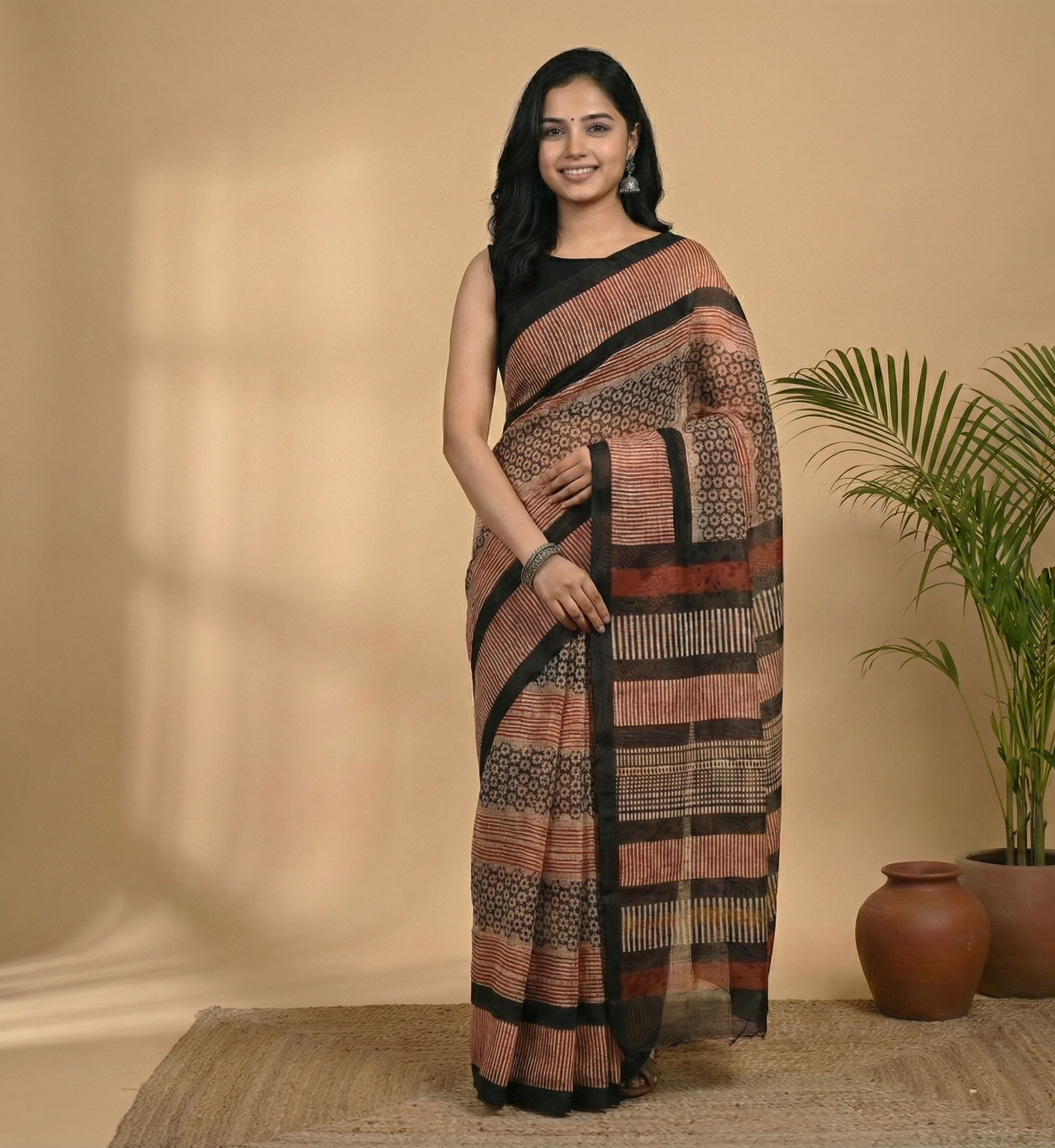 Black & Rust Striped Kota Doria Saree with Block Print