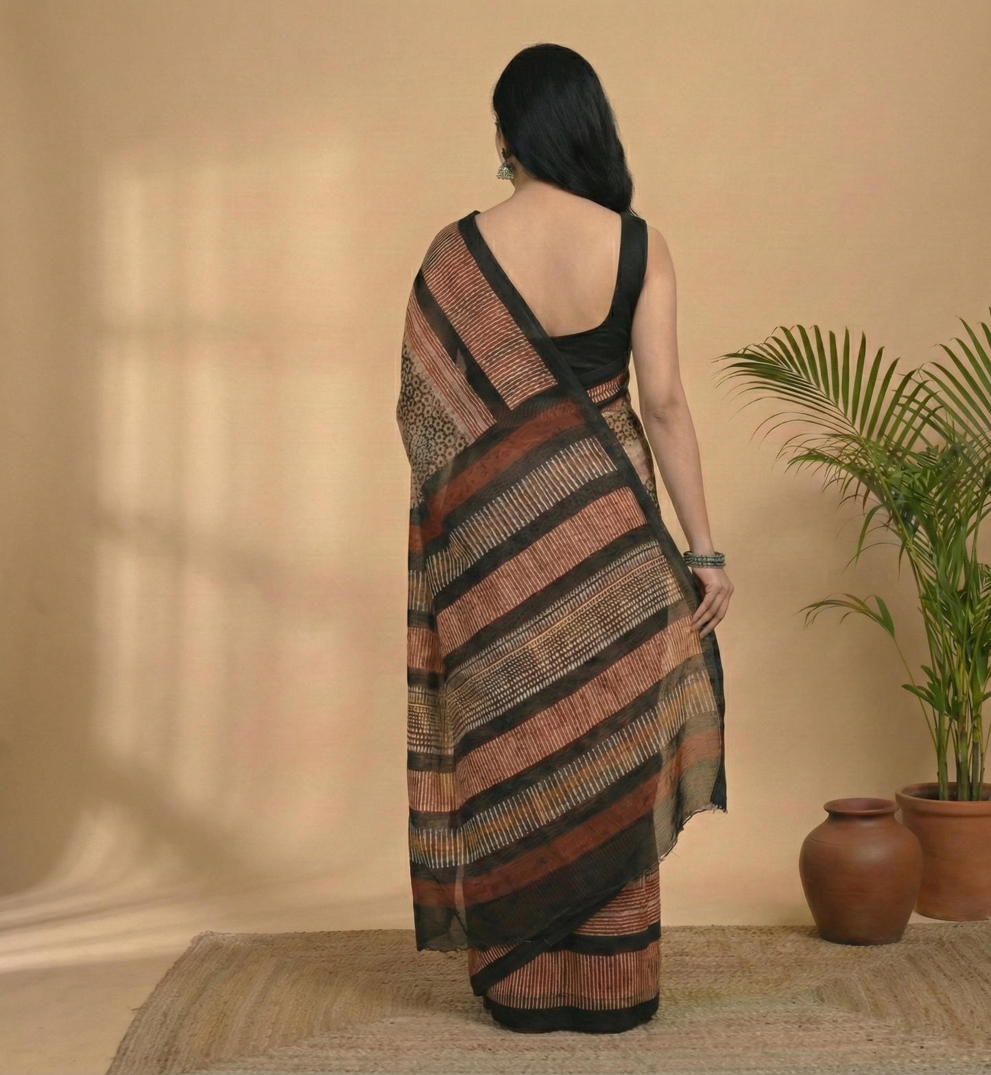 Black & Rust Striped Kota Doria Saree with Block Print