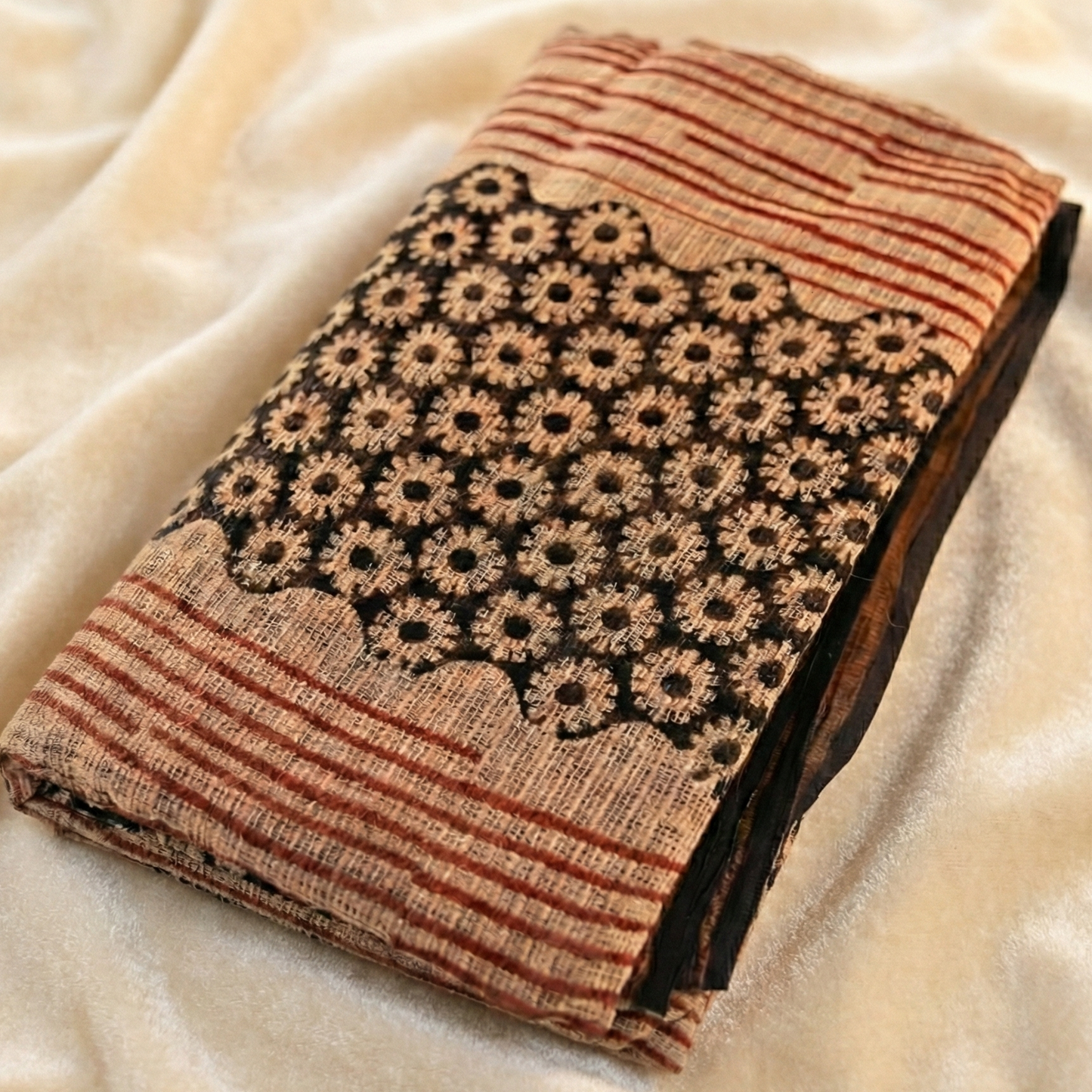 Black & Rust Striped Kota Doria Saree with Block Print