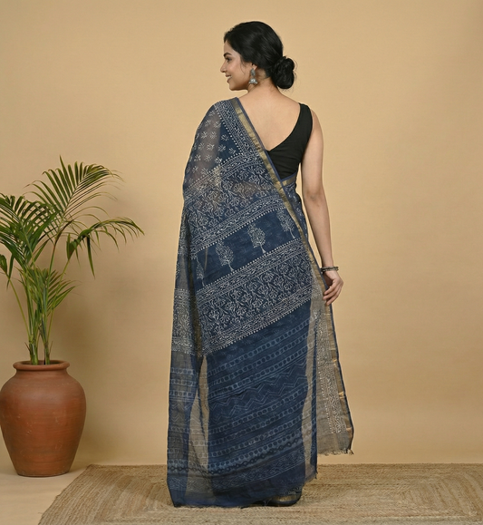Midnight Indigo 'Tree of Life' Kota Doria Saree