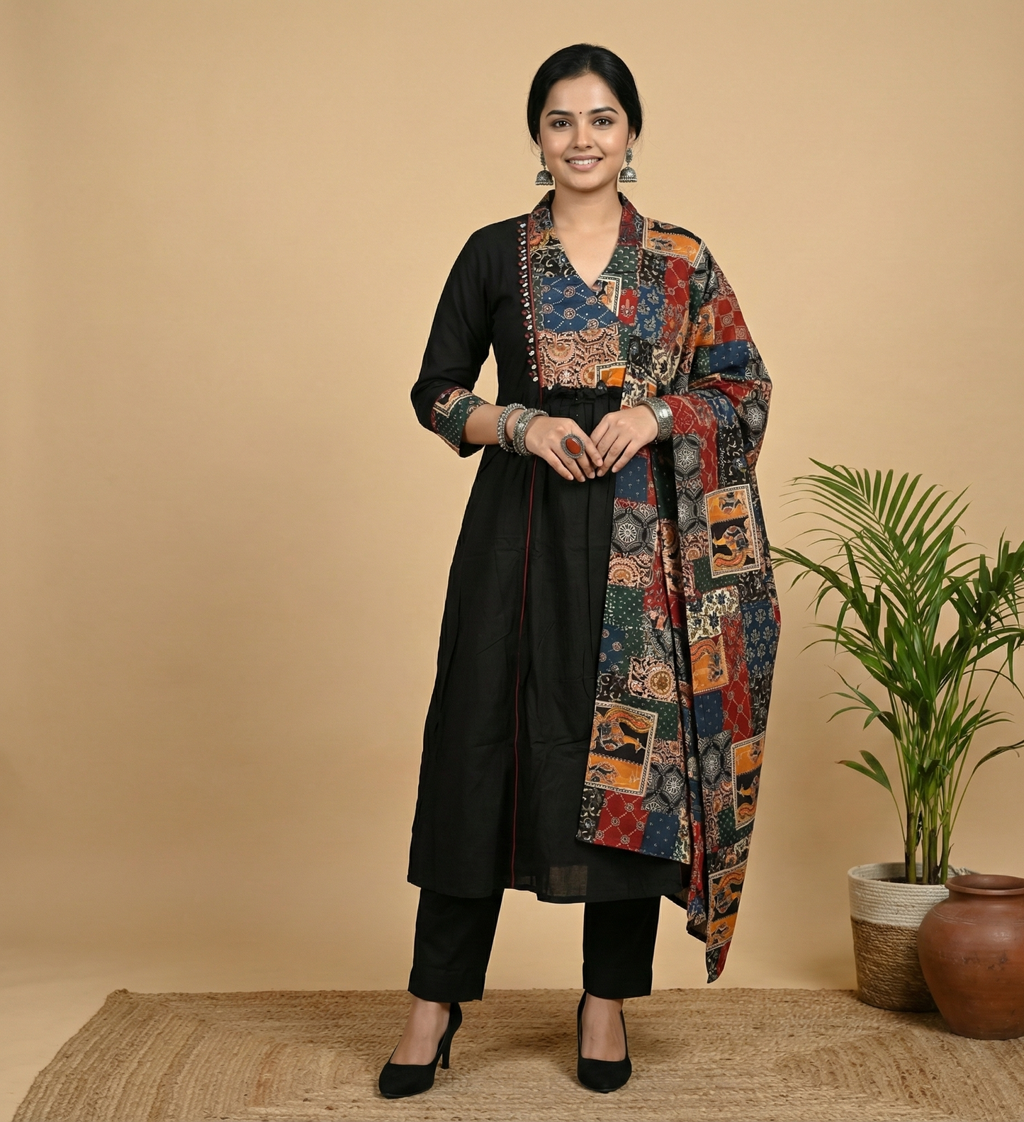 Boho-Black Edit Cotton Patchwork Kurta Dupatta Set