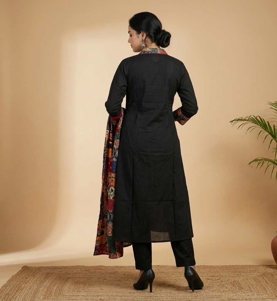 Boho-Black Edit Cotton Patchwork Kurta Dupatta Set