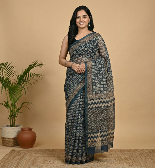 Indigo Garden: Hand Block Printed Floral Kota Doria Saree