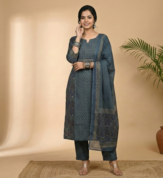 Slate Blue Cotton Printed Kurta Set with Mirror Work Embroidery